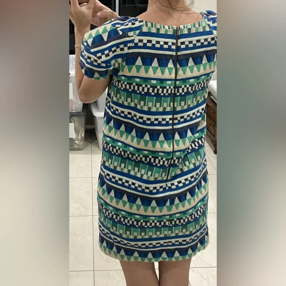 Gorman Women’s Shift Dress Blue Green Beige Aztec Short Puff Sleeve Size S 8 - Picture 2 of 12